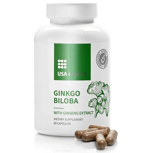 USA Medical Ginkgo Biloba capsules with ginseng extract, 60 pcs, for mental freshness and support of a normal circulatory system